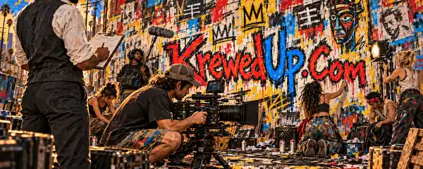 Independent film crew working in front of a KrewedUp.com mural